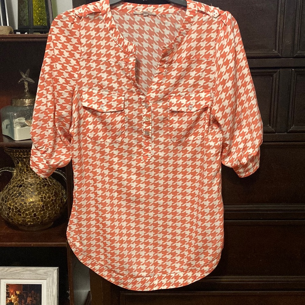 41 Hawthorn orange and cream patterned dress blouse size small